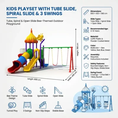 Kids Playset with Tube Slide, Spiral Slide & 3 Swings: Bee-Themed Outdoor Playground