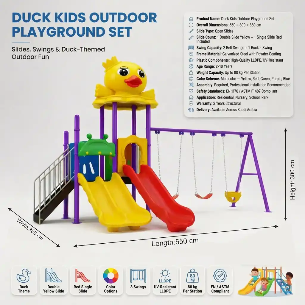 Duck-themed kids' outdoor play set with 1 single slide, 1 double slide, 2 swings & 1 bucket swing - NEW Duck-themed kids' outdoor play set with 1 single slide, 1 double slide, 2 swings & 1 bucket swing