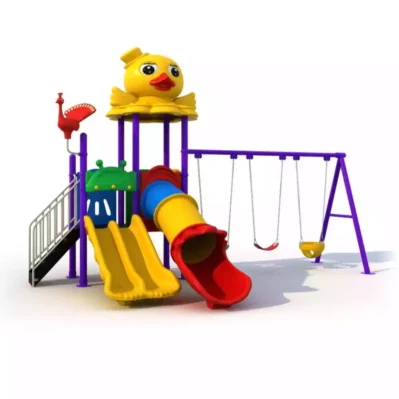 Kids Playground Set with Double Racing Slide, Tube Slide & Swings – Duck Theme Outdoor Playset