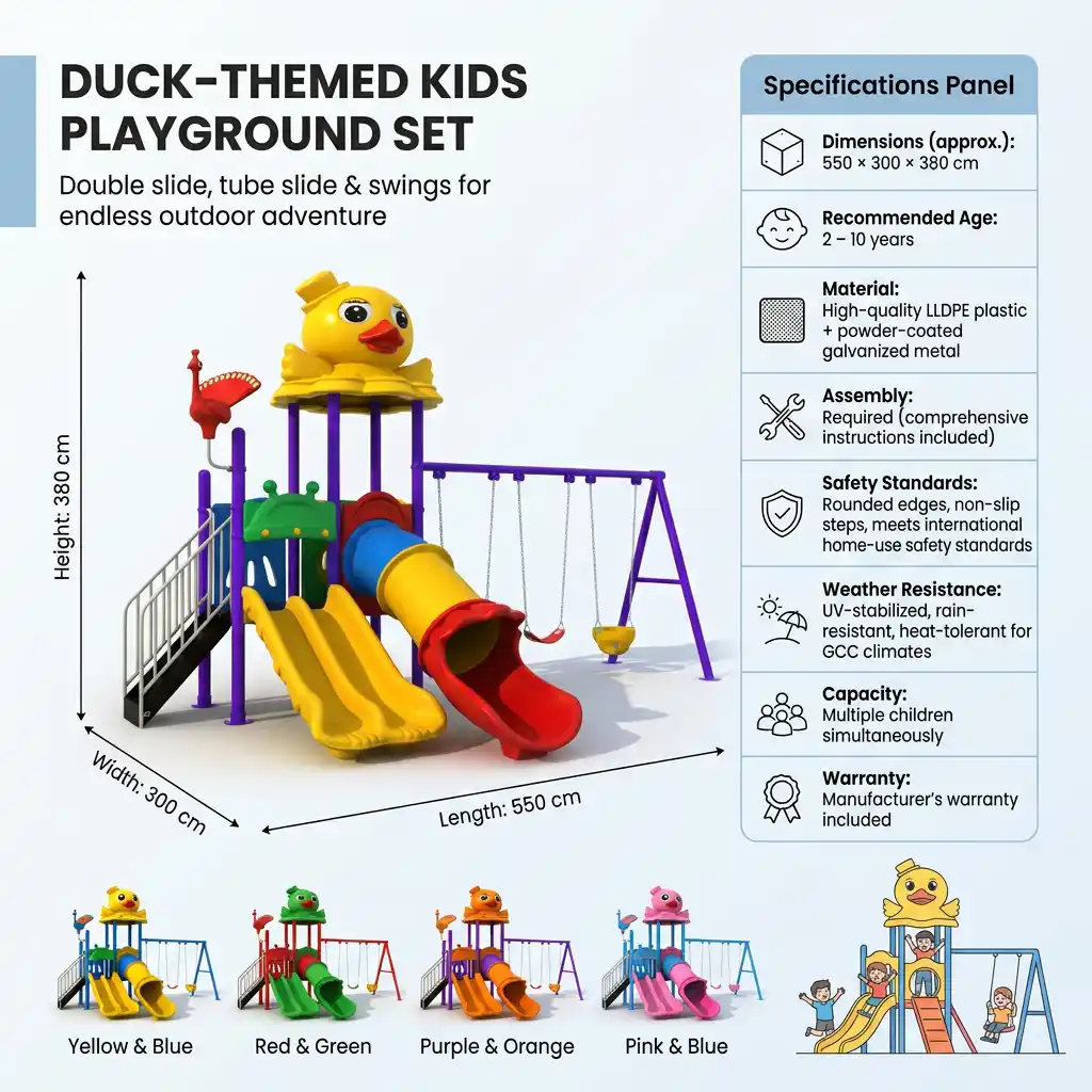 Kids Playground Set with Double Racing Slide, Tube Slide & Swings Duck Theme Outdoor Playset Kids Playground Set with Double Racing Slide, Tube Slide & Swings Duck Theme Outdoor Playset