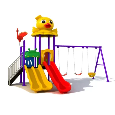 Duck-themed kids' outdoor play set with 1 single slide, 1 double slide, 2 swings & 1 bucket swing