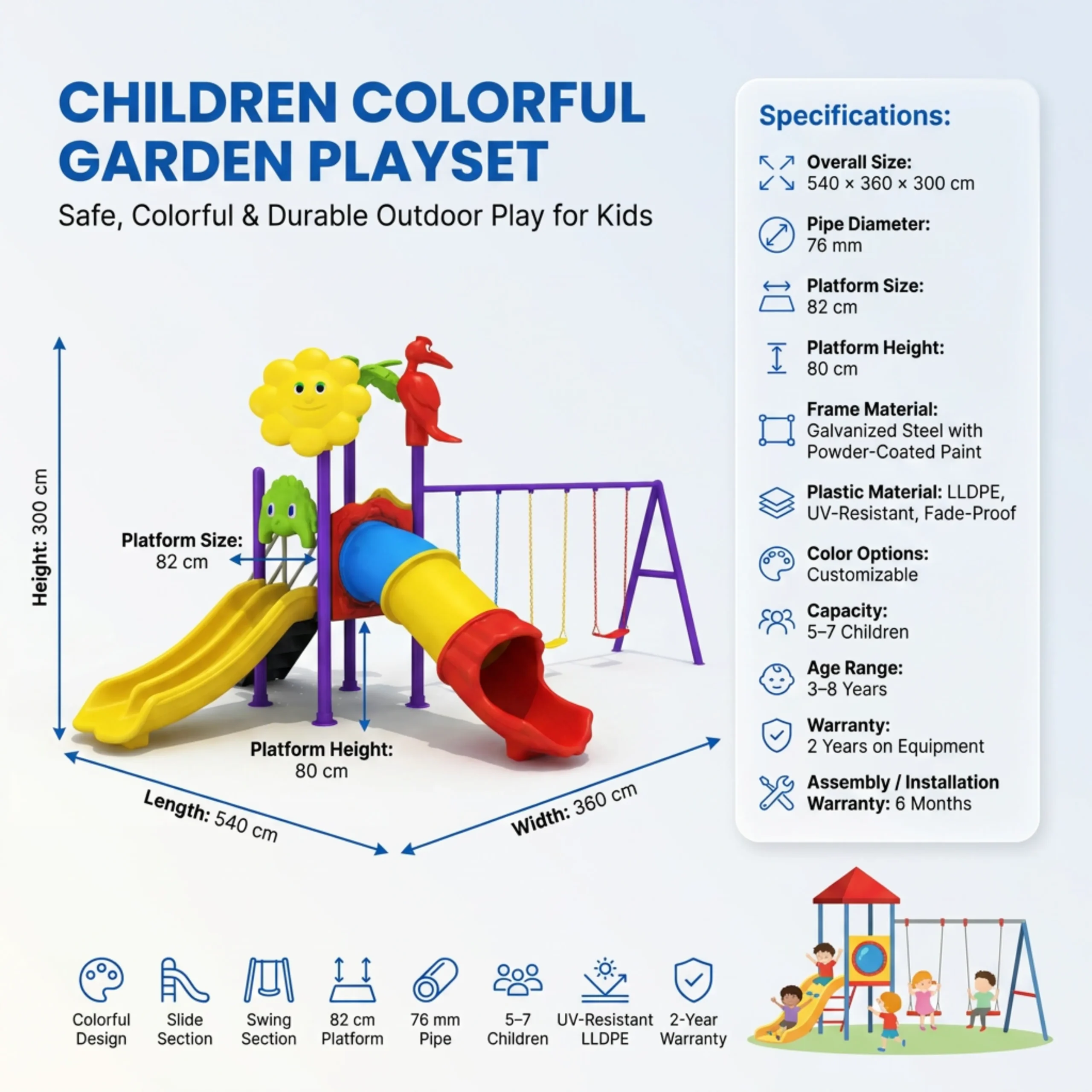 4 Kids Playground Set with 3 Swings, Tube Slide, Double Slide & Climbing Stairs