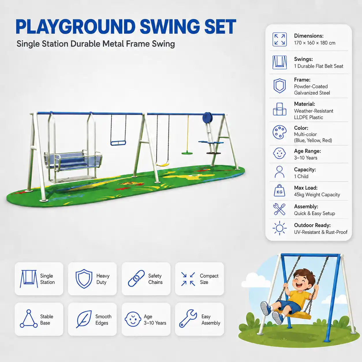 ELS-014 Outdoor Playground- double sided cradle with hanging bar, single plastic swing, a regular swing in bigger size | Multi-Activity Outdoor Swing Set KSA