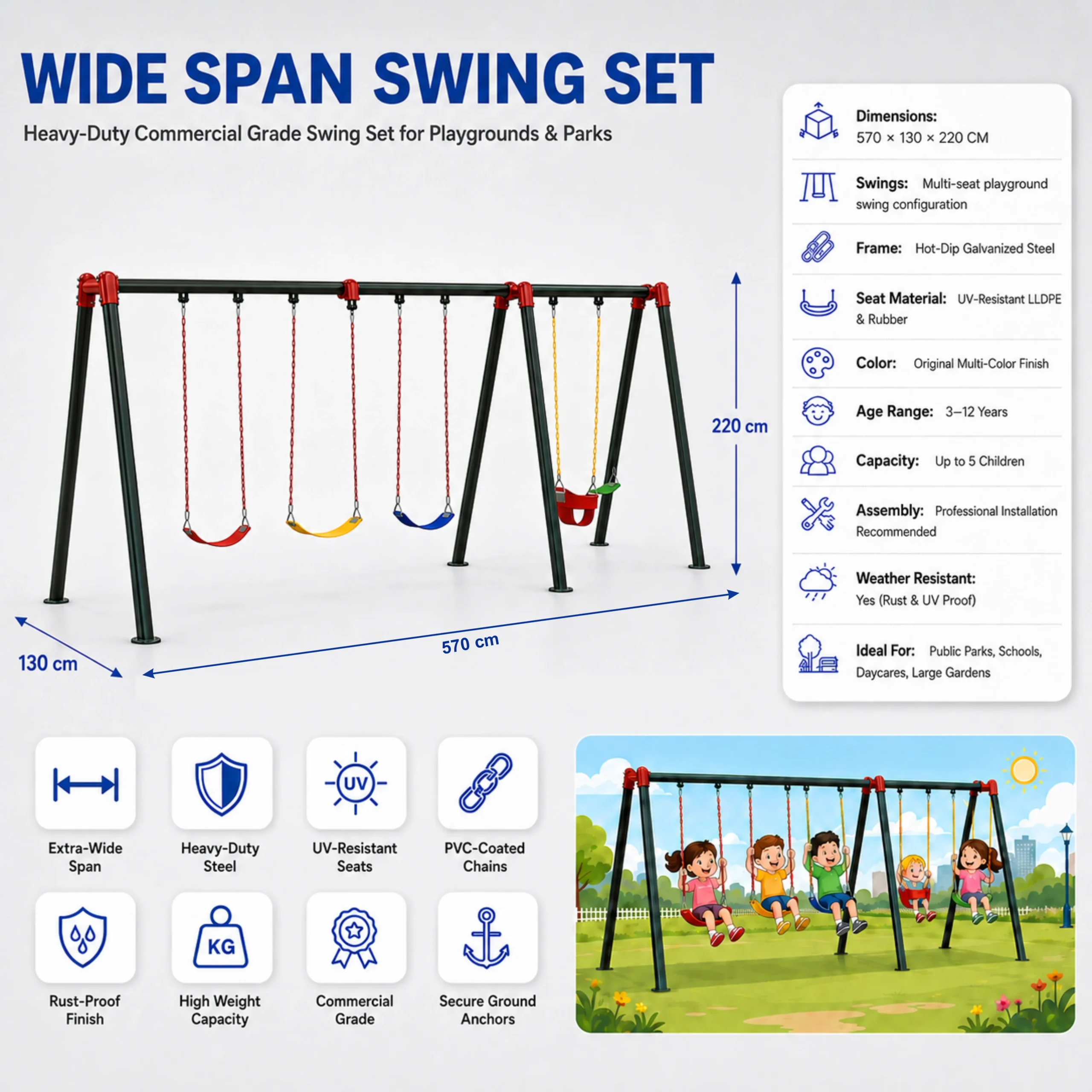 ELS-015 (1) Multi-Seat Kids Playground with Toddler & Belt Swings for All Ages