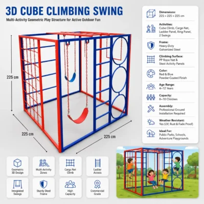 Kids Outdoor 3D Cube Climbing Frame with Monkey Bars, Swings & Climbing Net