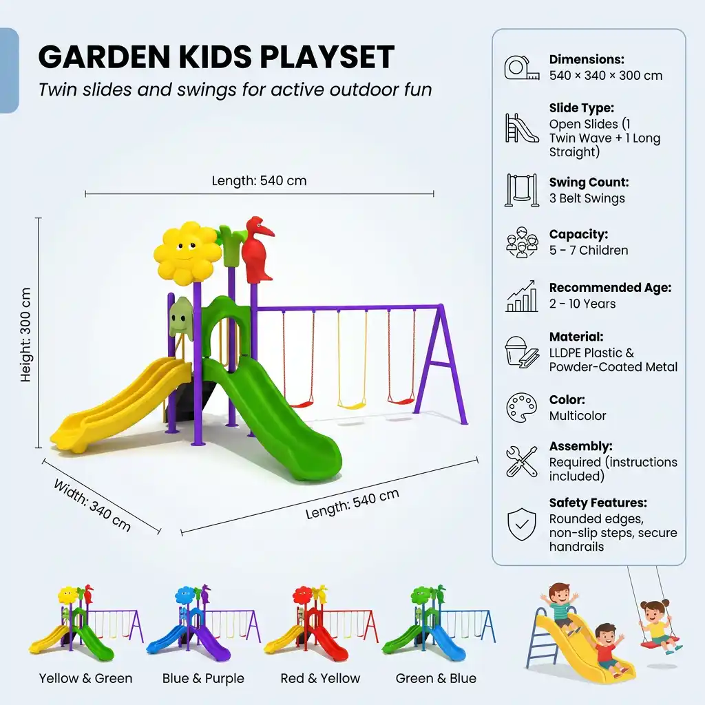 Fun Garden Kids Playset with Twin Slide, Long Slide & 3 Swings Fun Garden Kids Playset with Twin Slide, Long Slide & 3 Swings