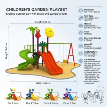 Garden Kids Play Tower with Large Red Racing Slide, Spiral Slide, & 3 Swings