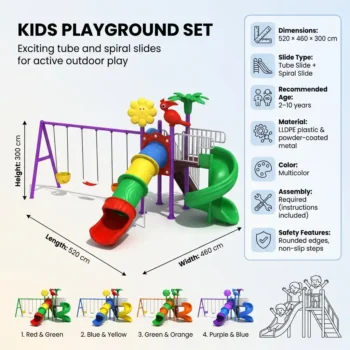 Garden Kids Play Tower with Tube Slide, Spiral Slide & 3 Swings