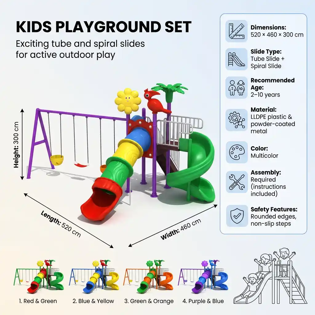 Garden Kids Play Tower with Tube Slide, Spiral Slide & 3 Swings Garden Kids Play Tower with Tube Slide, Spiral Slide & 3 Swings