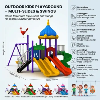 Kids Outdoor Playground for Saudi Home & Schools Single Slide, Double Slide, Spiral Slide, 2 Swings & Toddler Bucket Seat