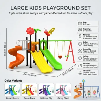 Kids Outdoor Playset with Double Slide, Single Slide, Spiral Slide, 2 Standard Swings & 1 Toddler Friendly Seat