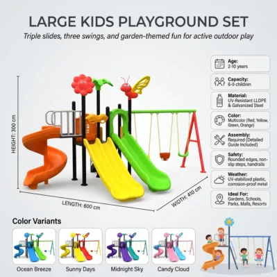 Kids Outdoor Playset with Double Slide, Single Slide, Spiral Slide, 2 Standard Swings & 1 Toddler Friendly Seat