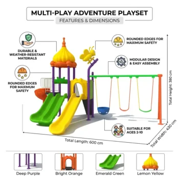 Kids Swing & Playset with spiral slide, single slide, double slide & 3 swings