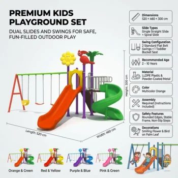 Premium Kids Playground Set Single Slide, Spiral Slide & 3 Swings