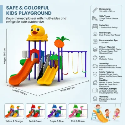 Safe & Colorful Playground for Homes, Schools & Gardens – Duck Roof, Single, Double & Spiral Slide with 3 Swings