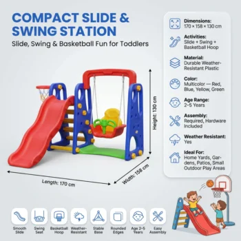 Compact 3-in-1 toddler playset with Slide, Swing & Basketball Hoop