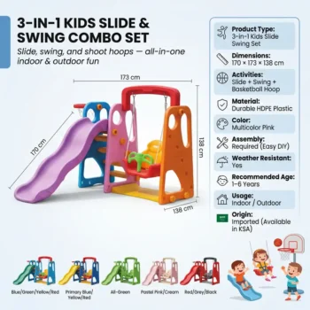 3-in-1 Kids Slide Swing & Basketball Set – Multicolor Indoor Outdoor Playground for Toddlers
