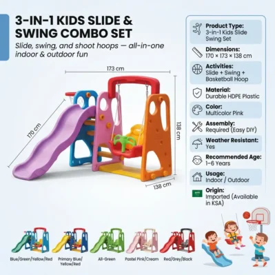 3-in-1 Kids Slide Swing & Basketball Set – Multicolor Indoor Outdoor Playground for Toddlers