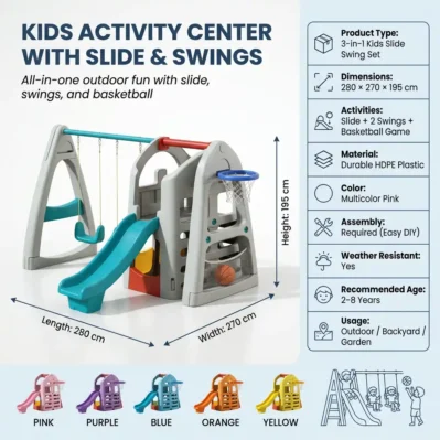 Kindergarten kid’s plastic 3-in-1 combination slide swing set – Outdoor Play Structure with Basketball for Toddlers