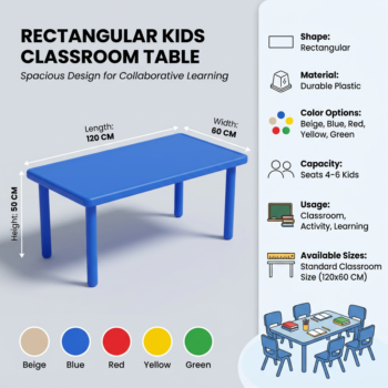 Rectangular Kids Classroom Activity Table 120×60×50 cm | Durable Plastic Multi-Seater Learning Desk