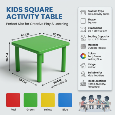 Kids Plastic Square Activity Table for 4 | Durable Classroom & Play Table (60x60cm)