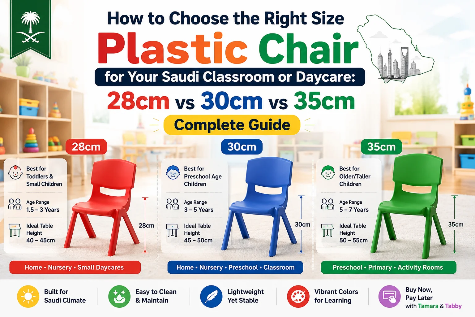 How to Choose the Right Size Plastic Chair for Your Saudi Classroom or Daycare: 28cm vs 30cm vs 35cm Complete Guide