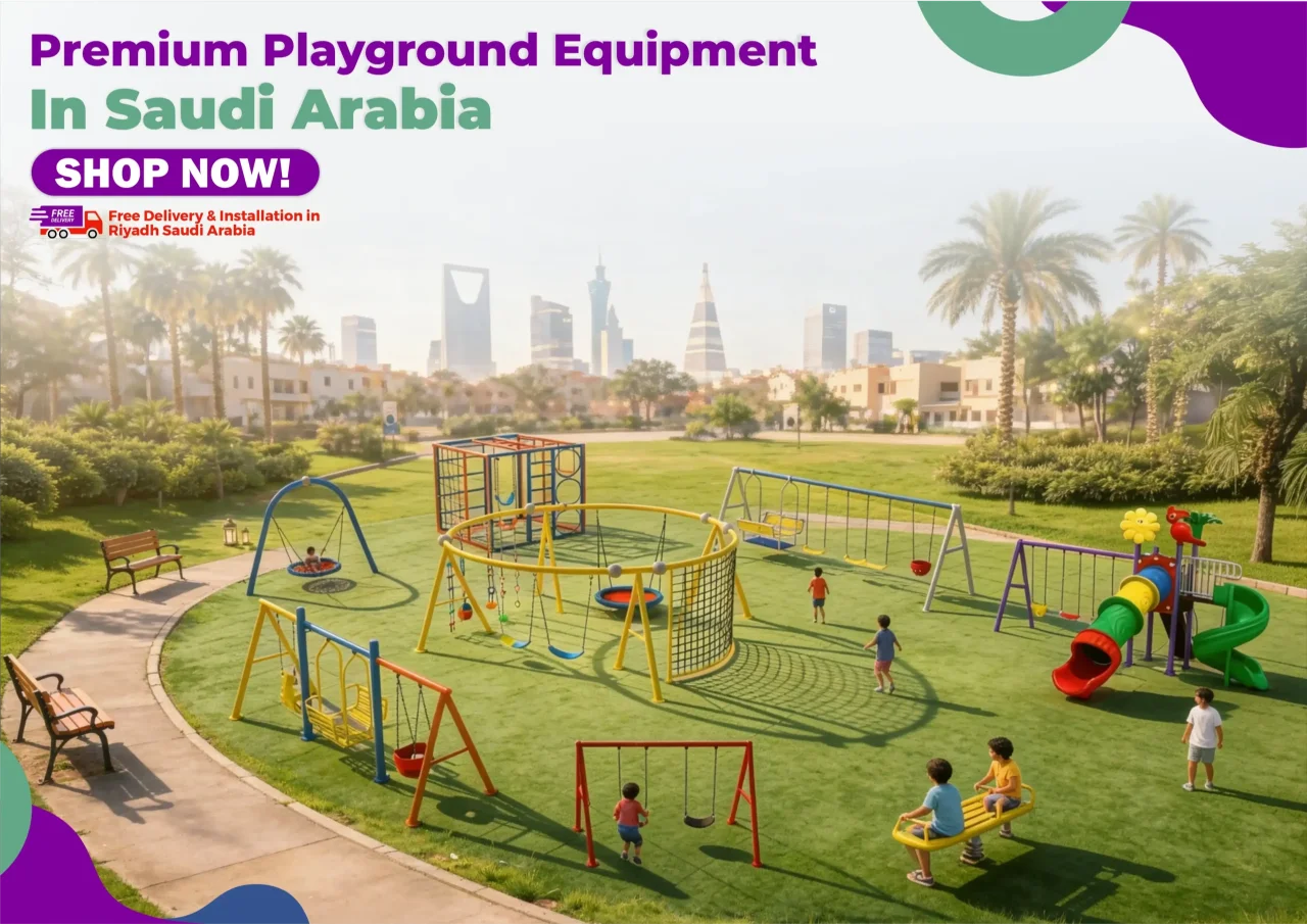 Children's outdoor playground equipment with slides and play structures in Saudi Arabia