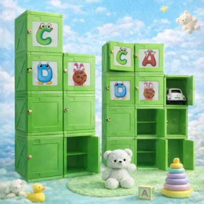 Modular Plastic Storage Locker Cube with Cartoon Door Panels