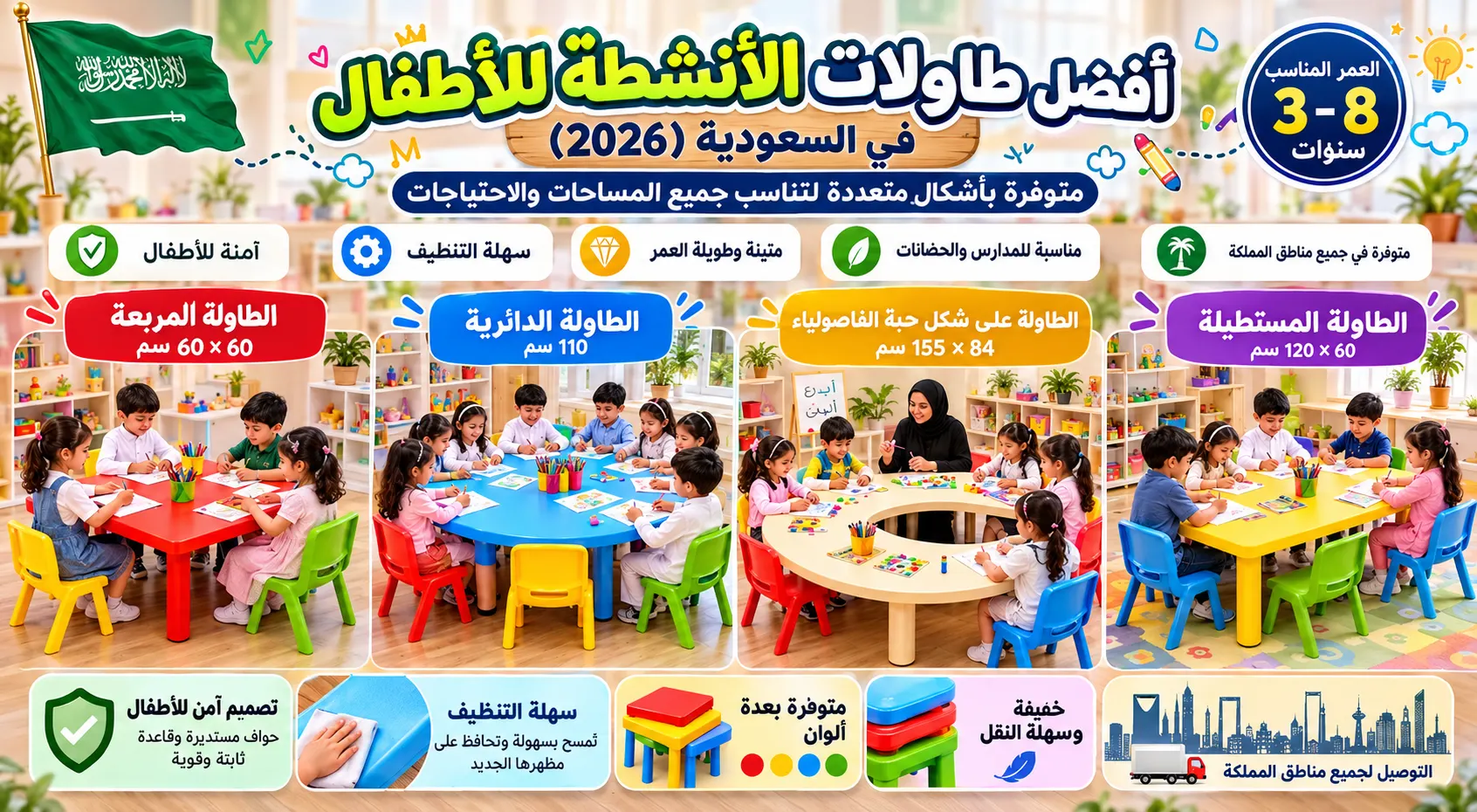 أفضل طاولات الأنشطة للأطفال في السعودية 2026: مقارنة بين الطاولات الدائرية والمربعة والهلالية والمستطيلة